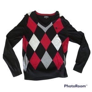 Express Mens Black and Red Diamond Design Long Sleeve V Neck Sweater Size Medium